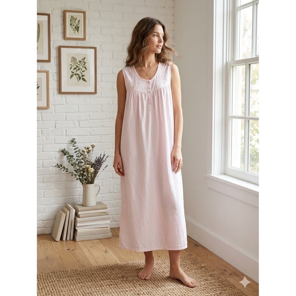 Vintage Baby Pink Cotton Nightgown Lace Trim Cottage Maxi Long XL READ